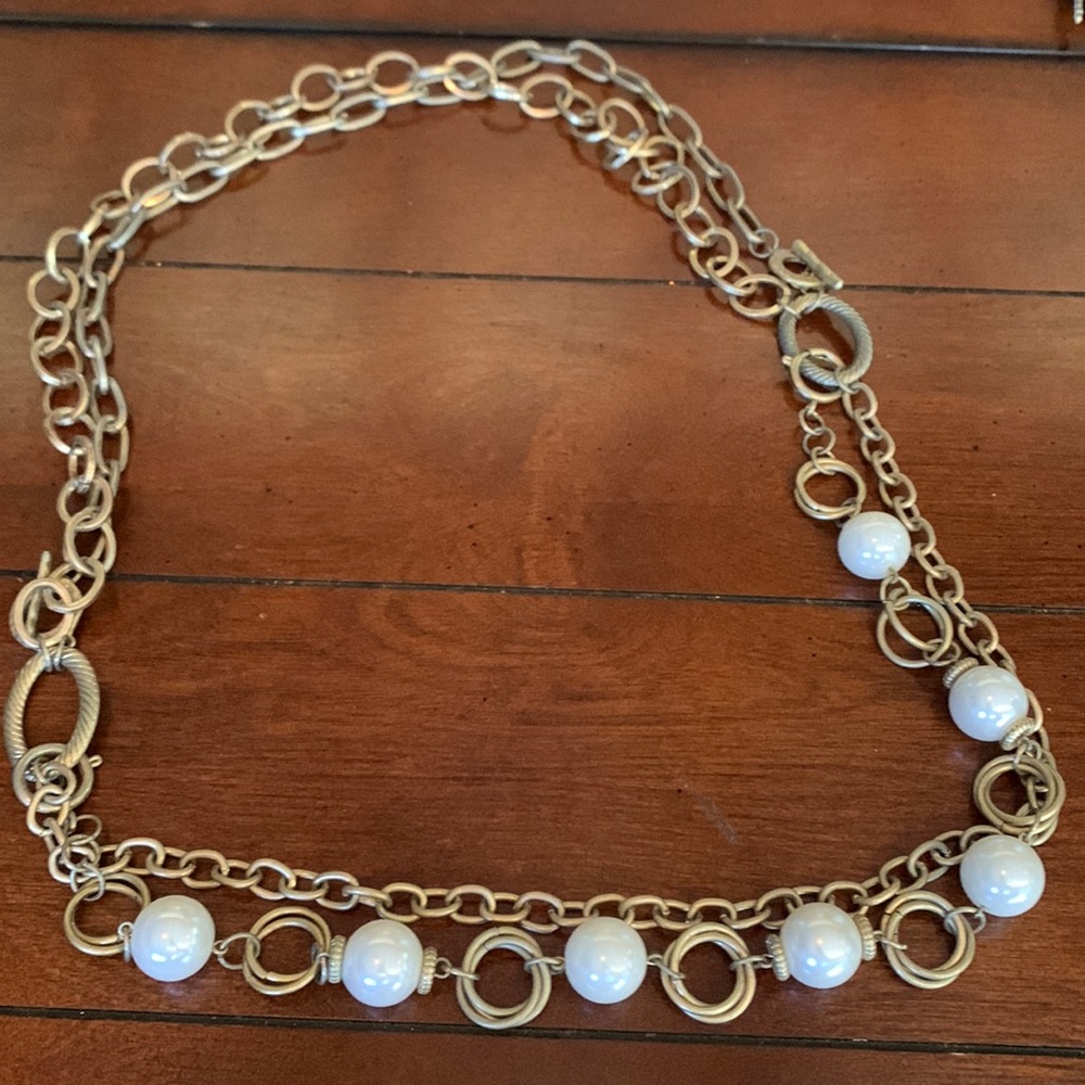 Gold link & faux pearl multi strand necklace